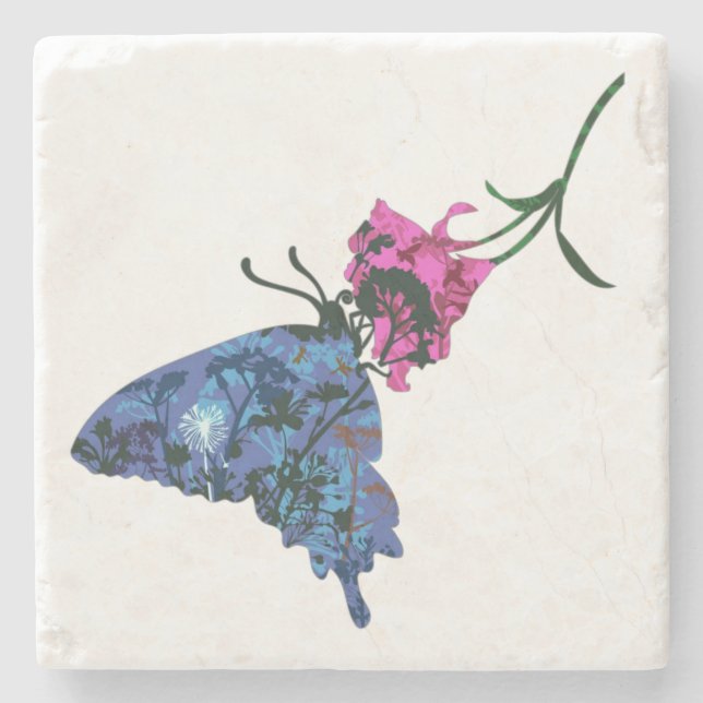Painted Butterfly on Red Hibiscus Stone Coaster (Front)