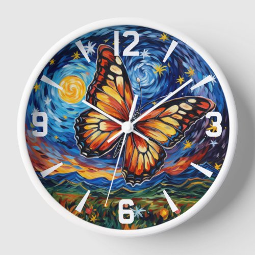 Painted Butterfly Starry Night Sky Elegant Womans Clock