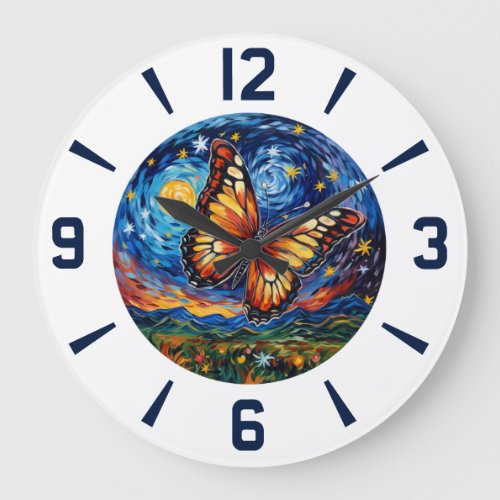 Painted Butterfly Starry Night Sky Elegant Womans Large Clock