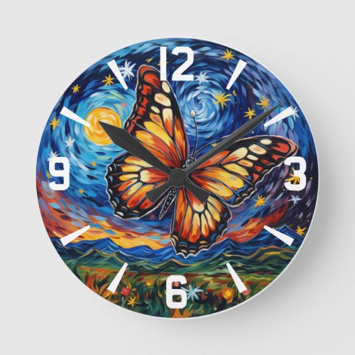 Painted Butterfly Starry Night Sky Elegant Womans Round Clock
