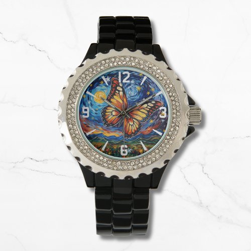 Painted Butterfly Starry Night Sky Elegant Womans Watch