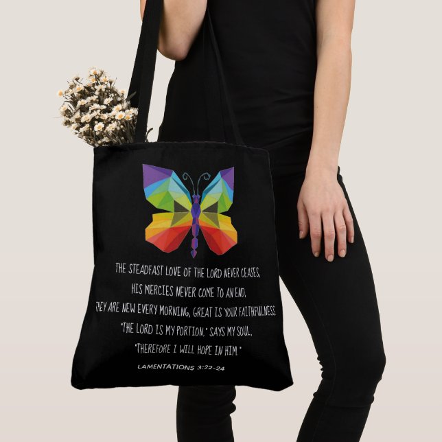 Painted Butterfly, verse from Lamentations 3:22-24 Tote Bag (Close Up)