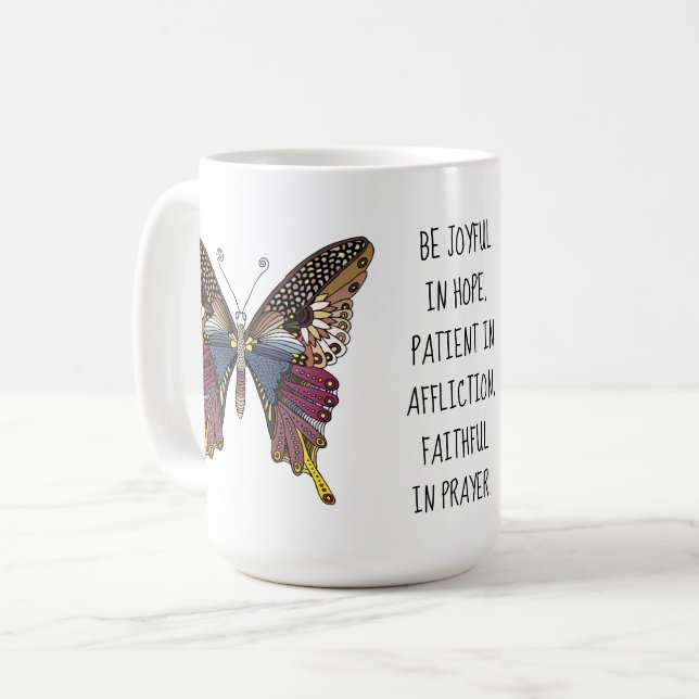 Painted butterfly with verse from Romans 12:12 Coffee Mug (Front Left)