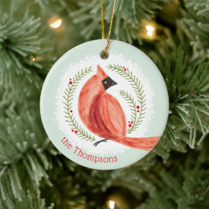 Painted Cardinal Wreath Custom Family Name & Photo Ceramic Ornament