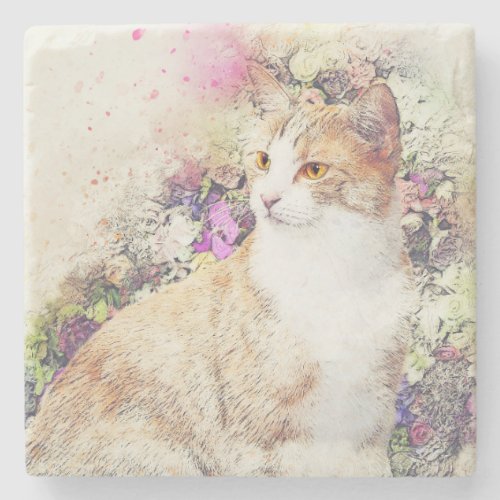 Painted Cat Print Stone Coaster