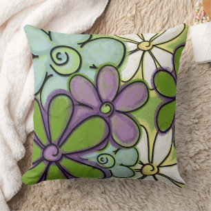 Painted Chalk Flowers Green Purple Yellow Throw Pillow