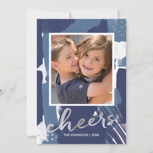 Painted Cheers Faux Silver Foil and Blue Abstract Card