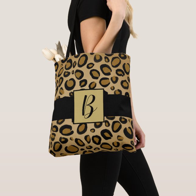 Painted Cheetah Leopard Print Spots Gold Beige Tan Tote Bag (Close Up)