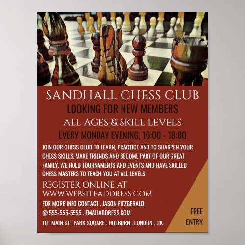 Painted Chess Board Chess Club Advertising Poster