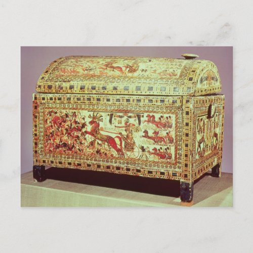 Painted chest depicting king on chariot postcard