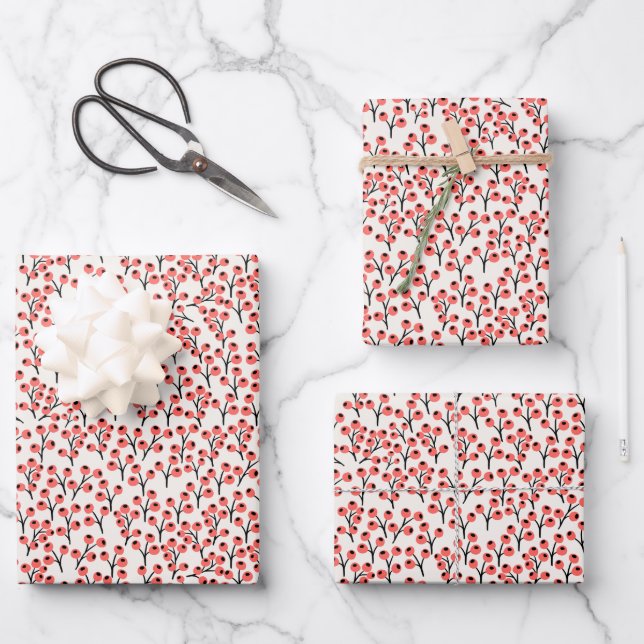 Painted Christmas Branches Holly Berries Red White Wrapping Paper Sheets (Front)