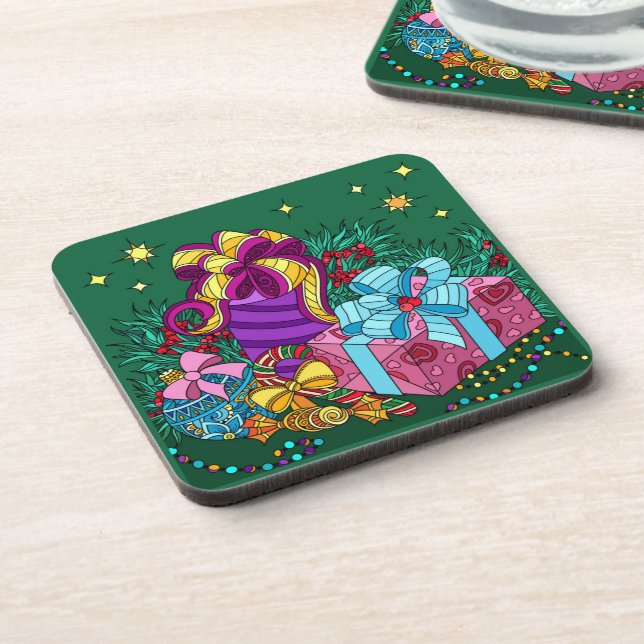 Painted Christmas Gifts; pretty holiday Beverage Coaster (Left Side)