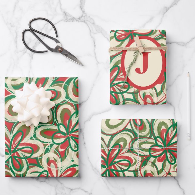 Painted Christmas Retro Floral Pattern Initial Wrapping Paper Sheets (Front)