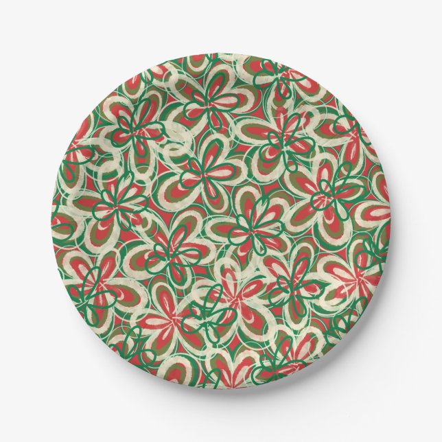 Painted Christmas Retro Floral Pattern Red Green Paper Plates (Front)
