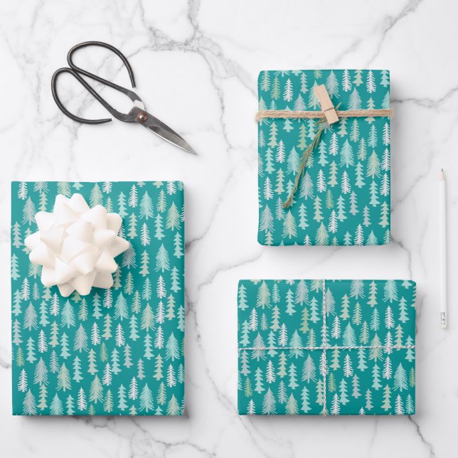 Painted Christmas Trees Aqua White Blue Teal Wrapping Paper Sheets (Front)