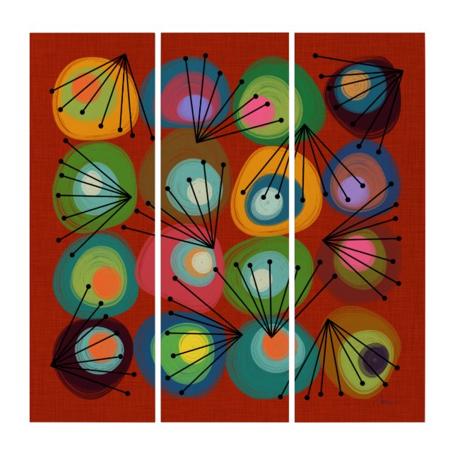 Painted Circles Atomic Shapes Mid Century Style Triptych (Front)