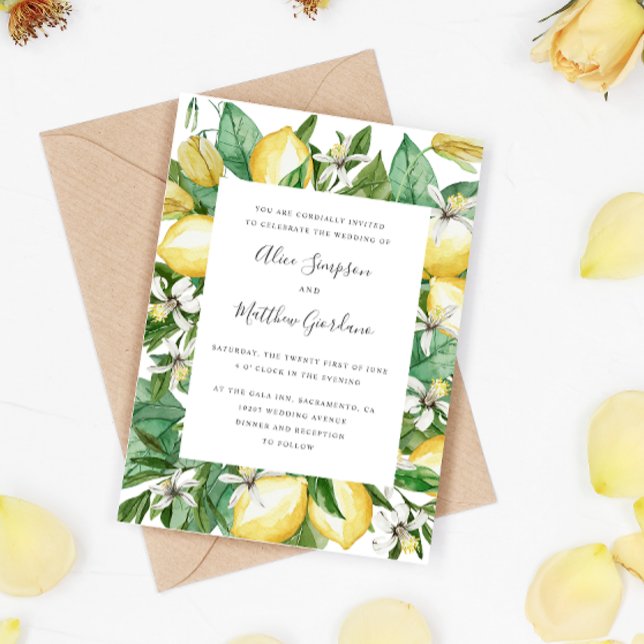 Painted Citrus Lemon and leaves watercolor wedding Invitation (Creator Uploaded)