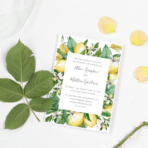 Painted Citrus Lemon and leaves watercolor wedding Invitation