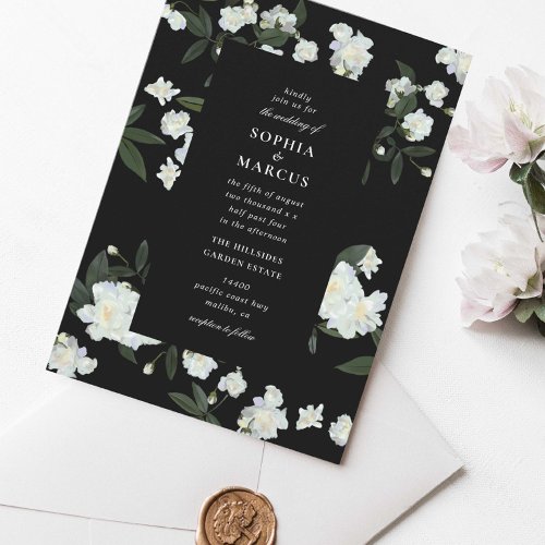 Painted Climbing Roses Black and White Wedding Invitation