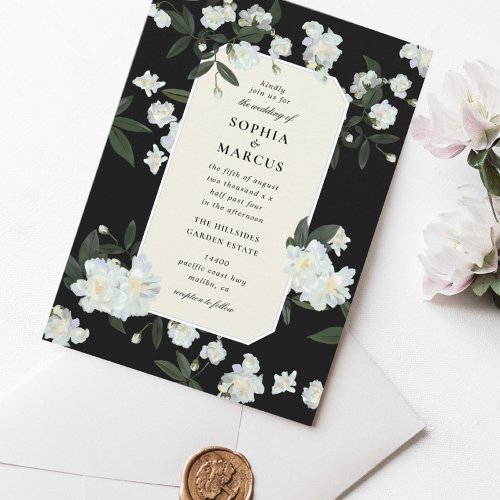 Painted Climbing Roses Black and White Wedding Invitation