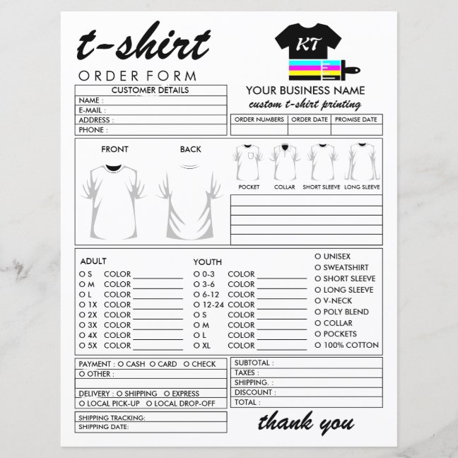 Painted Clothing Apparel T-shirt Print Order Form