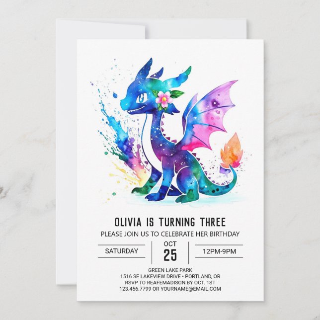 Painted Colorful Dragon Digital Girl Birthday Invitation (Front)