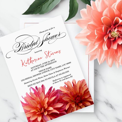 Painted Dahlia in Pink and Coral Bridal Shower Custom Announcement