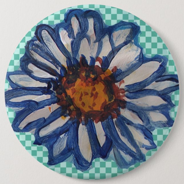Painted Daisies, on Teal Checkered Background Button (Front)
