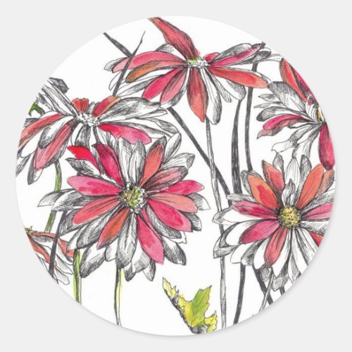 Painted Daisy Flowers Botanical Art Ink Drawing Classic Round Sticker