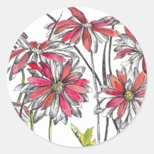 Painted Daisy Flowers Botanical Art Ink Drawing Classic Round Sticker