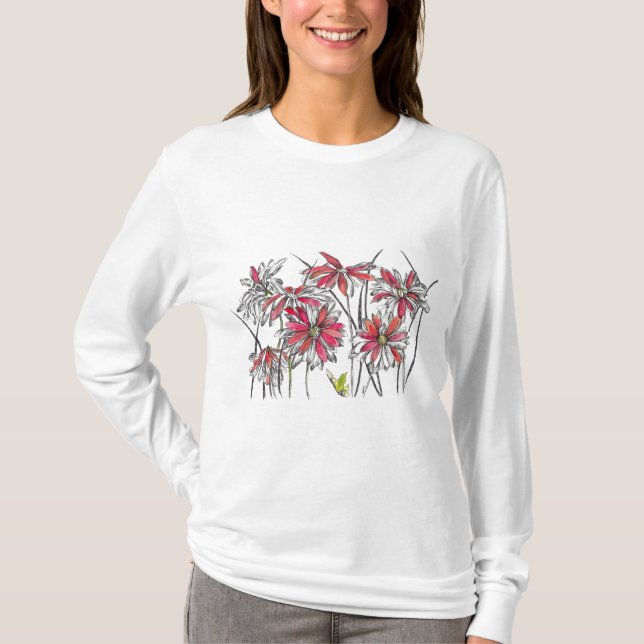 Painted Daisy Flowers Botanical Art Ink Drawing T-Shirt (Front)