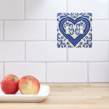 Painted Delft Wall Tile - Blue Heart on Off-White