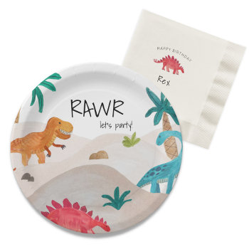 Painted Dinos Birthday Party Paper Plates by origamiprints at Zazzle