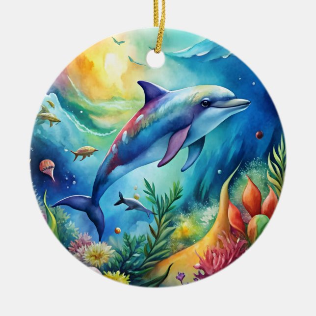 Painted Dolphin Ceramic Ornament (Front)