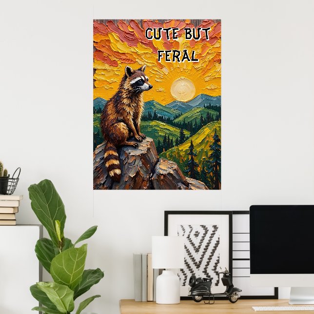 Painted Dusk: Raccoon on Rocky Perch Poster (Home Office)