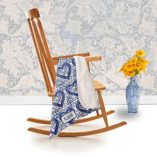 Painted Dutch Tiles Blue Heart on White - Initials Sherpa Blanket