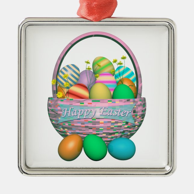 Painted Easter Eggs in Basket Metal Ornament (Front)