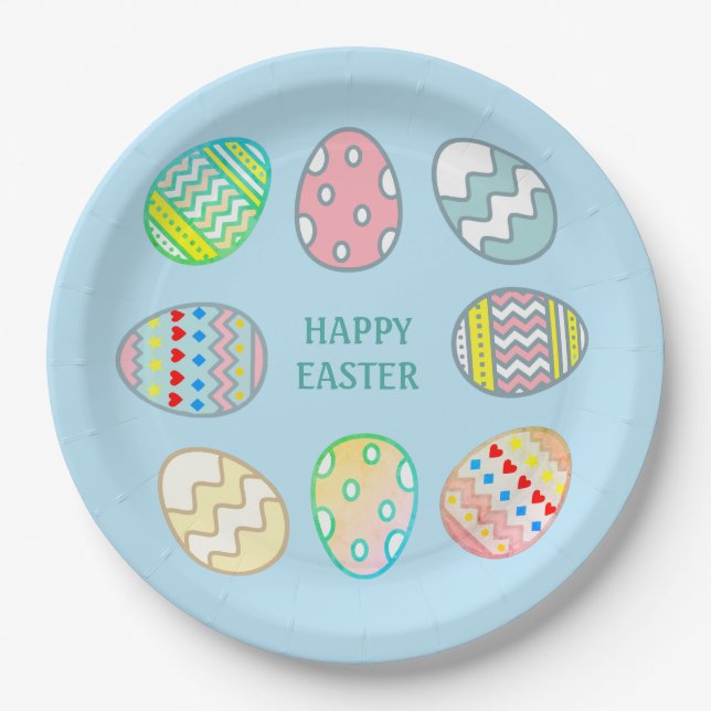 Painted Easter Eggs on Light Blue Paper Plates (Front)