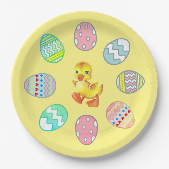 Painted Easter Eggs on Yellow Paper Plates (Front)