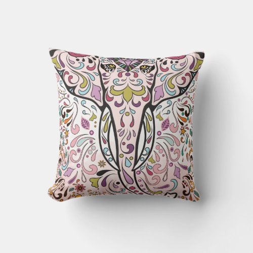 Painted Elephant Sugar Skull Pink Plum Mint Pillow