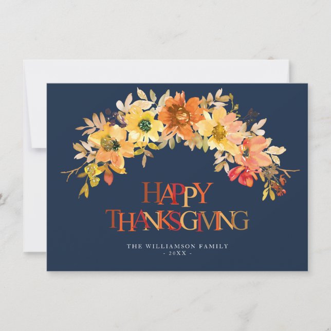 painted fall flowers navy blue Happy Thanksgiving Card (Front)