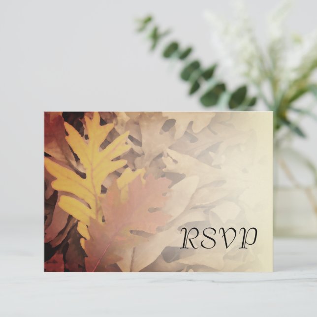 Painted Fall Leaves Wedding RSVP Response Card (Standing Front)