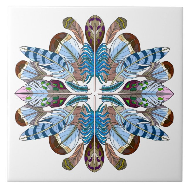 Painted Feather Mandala, Blues/Browns Ceramic Tile (Front)