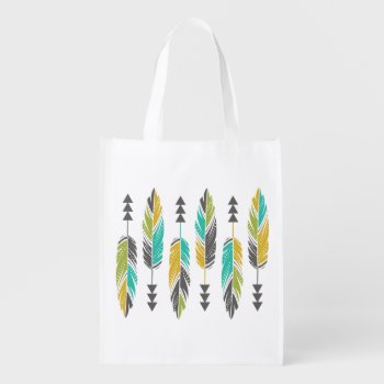 Painted Feathers-yellow Green Teal Reusable Grocery Bag by BohemianGypsyJane at Zazzle