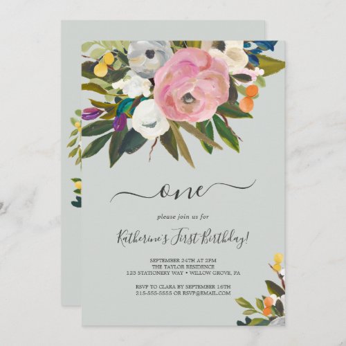 Painted Floral 1st Birthday Invitation