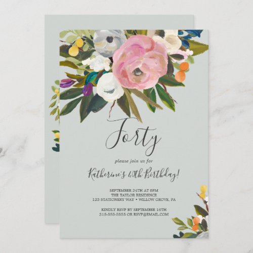 Painted Floral 40th Birthday Invitation