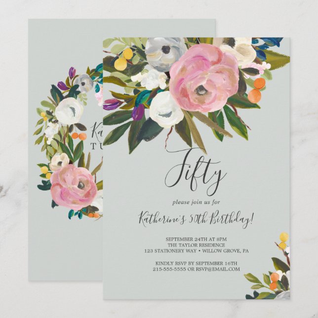 Painted Floral 50th Birthday Invitation (Front/Back)