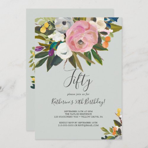 Painted Floral 50th Birthday Invitation