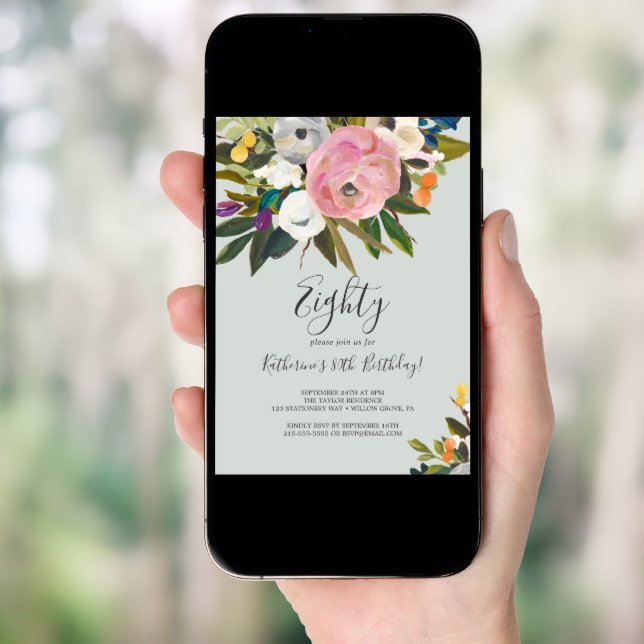 Painted Floral 80th Birthday Invitation (Front Digital)