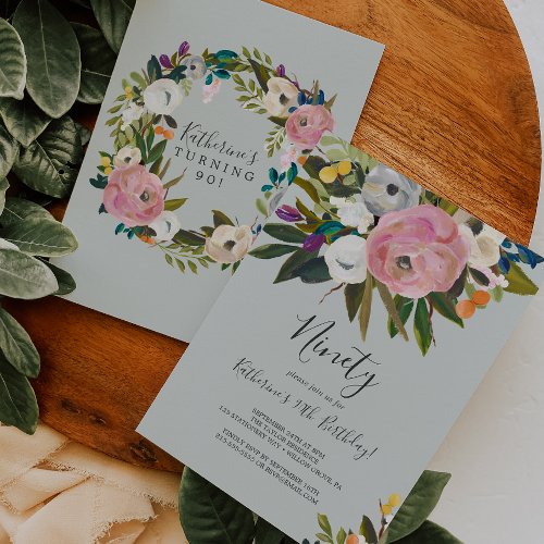 Painted Floral 90th Birthday Invitation